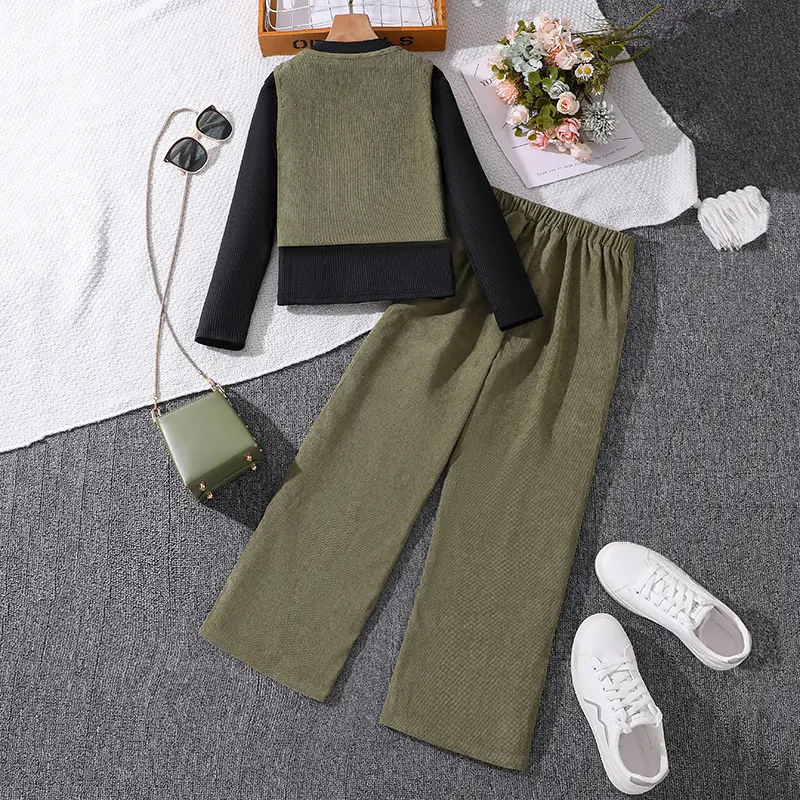 Kids Suits For Girls Autumn Winter 2PCS Clothes Sets Black Long Sleeve Top With Army Green Vest And Pants Daily Causal Style