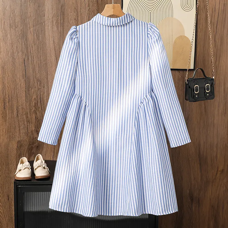 Kids Clothing Autumn Dress Solid Color Striped Turn Down Collar Single Breasted Long Sleeve Shirt Dress & Tie For Girls Preppy