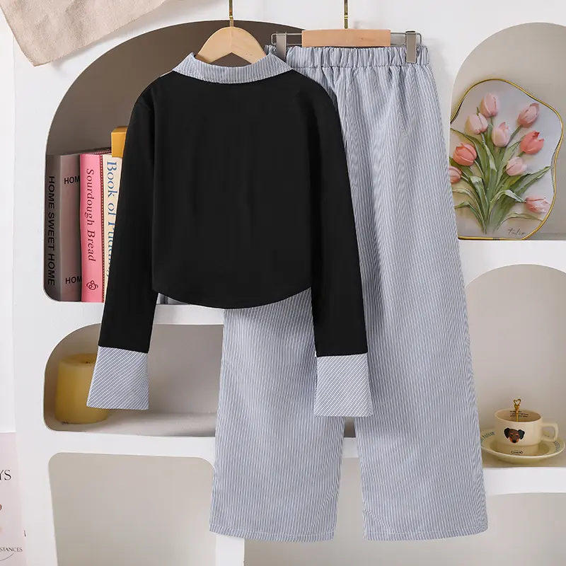Autumn New 2PCA Girls Clothing Black Turn Down Collar Long Sleeve Top & Striped Wide Leg Pants For Girls 8-12 Years Daily Outfit