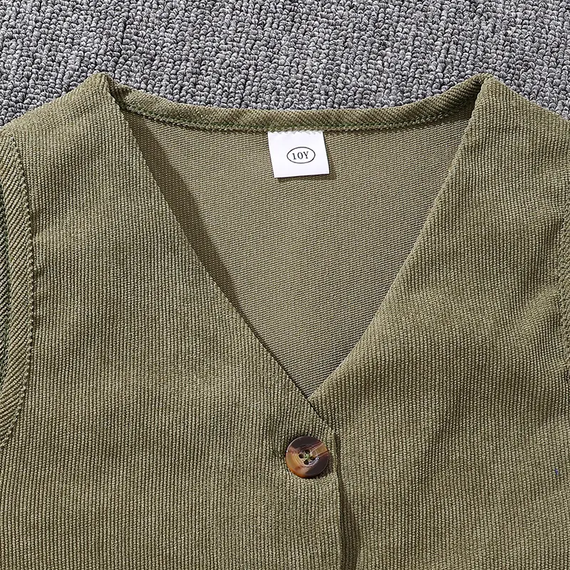 Kids Suits For Girls Autumn Winter 2PCS Clothes Sets Black Long Sleeve Top With Army Green Vest And Pants Daily Causal Style