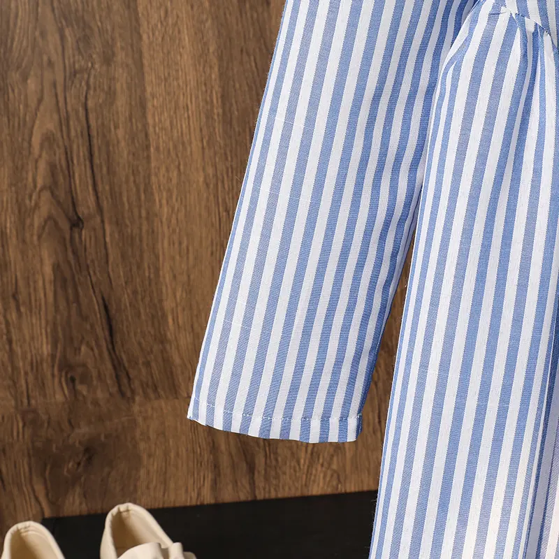 Kids Clothing Autumn Dress Solid Color Striped Turn Down Collar Single Breasted Long Sleeve Shirt Dress & Tie For Girls Preppy