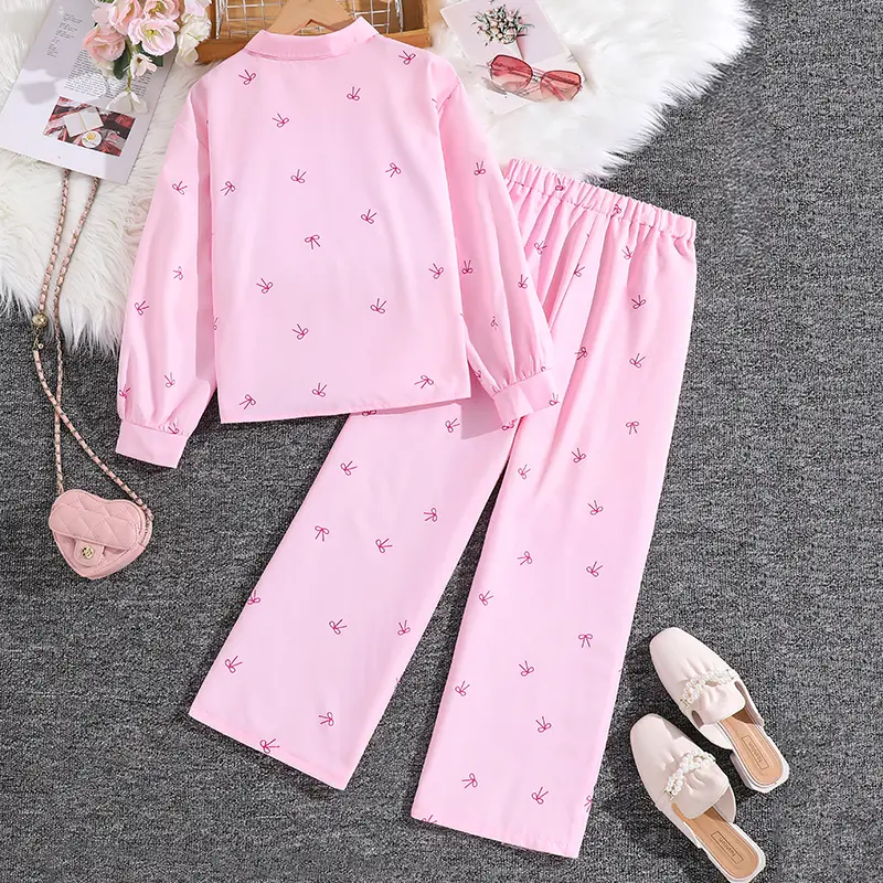 Children's Set Spring Autumn 2PCS Solid Color Pink Bowknot Turn-Down Collar Single Breasted Long Sleeve Coat & Solid Color Pants