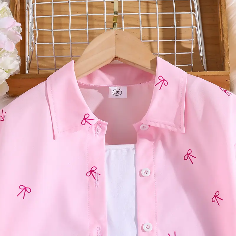 Children's Set Spring Autumn 2PCS Solid Color Pink Bowknot Turn-Down Collar Single Breasted Long Sleeve Coat & Solid Color Pants