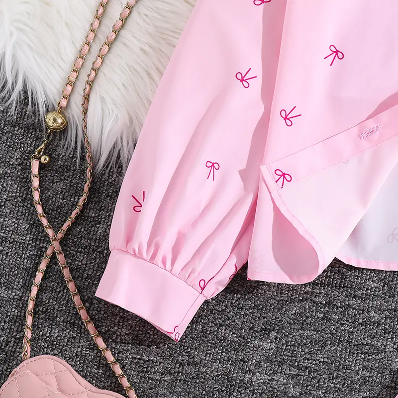 Children's Set Spring Autumn 2PCS Solid Color Pink Bowknot Turn-Down Collar Single Breasted Long Sleeve Coat & Solid Color Pants