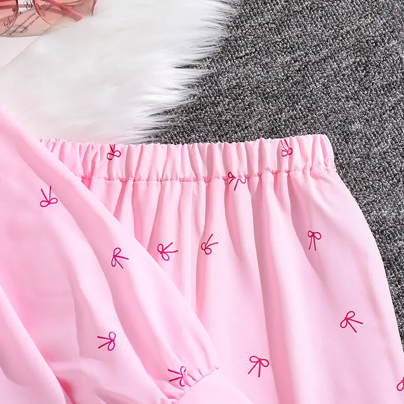 Children's Set Spring Autumn 2PCS Solid Color Pink Bowknot Turn-Down Collar Single Breasted Long Sleeve Coat & Solid Color Pants