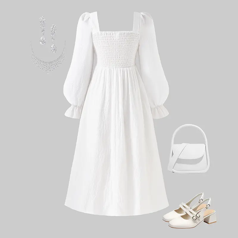 2025 Autumn New Princess Dress Solid Color White Square Collar Ruffled Long Sleeve A-Line Dress For Girls 8-12 Years Party Set