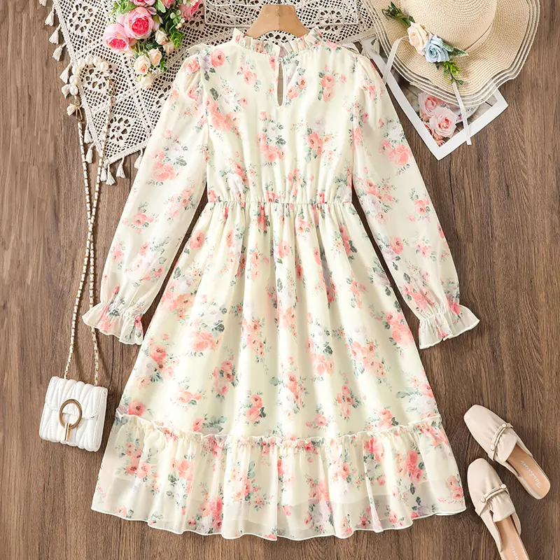 Autumn New Girls Dress Beige Print 0-Neck Long Sleeve A-Line Dress Pleated For Girls Sweet Style 8-12 Years Kids Daily Clothing