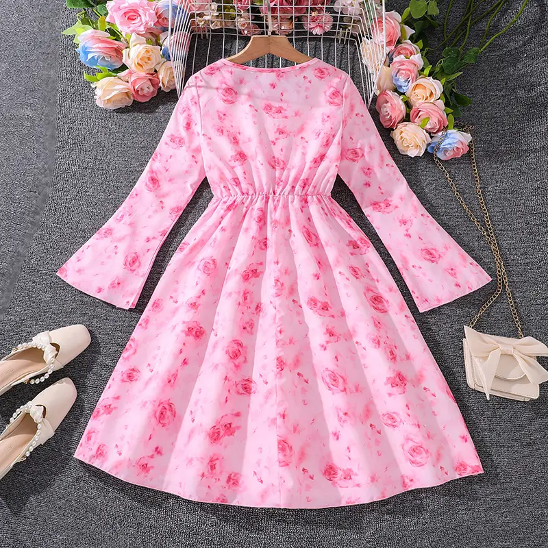 Spring Autumn Kids Girl's Sweet Floral Print Dress Children Fashion Party Lovely Dress Infant Clothes Flower Girl Pink Dress