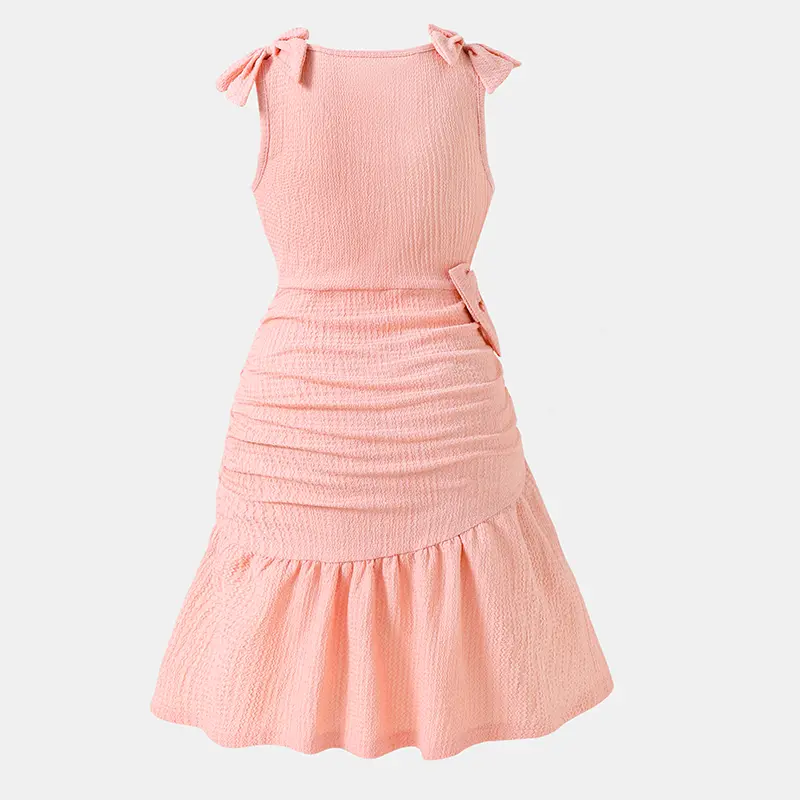 Princess Dress For Young Girls Solid Color Pink V-neck Ruffled Knitted Straight Dress Birthday Party Dating Wedding Formal Gown