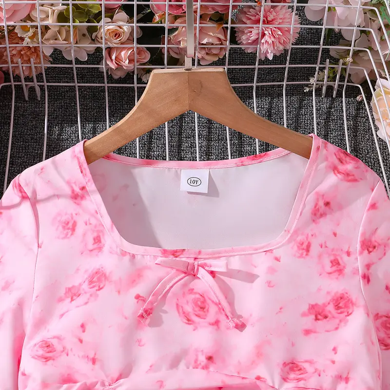 Spring Autumn Kids Girl's Sweet Floral Print Dress Children Fashion Party Lovely Dress Infant Clothes Flower Girl Pink Dress