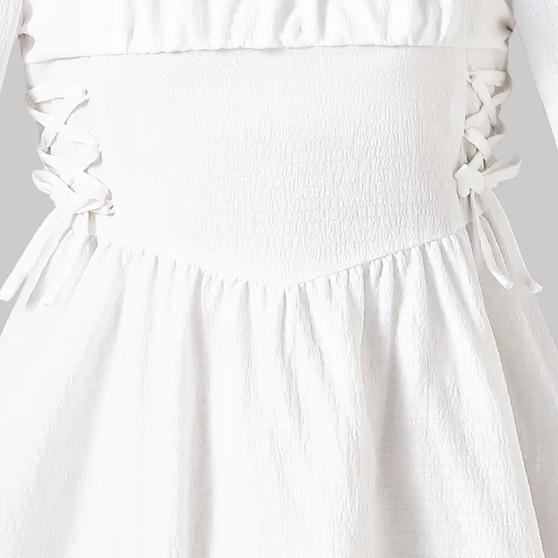 2025 Autumn New Princess Dress Solid Color White Square Collar Ruffled Long Sleeve A-Line Dress For Girls 8-12 Years Party Set