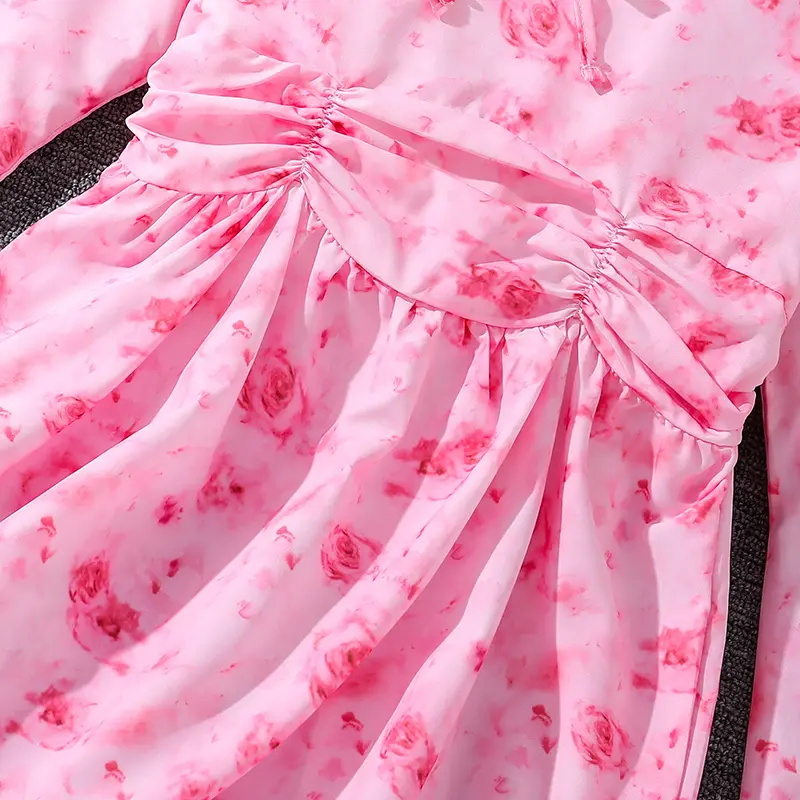 Spring Autumn Kids Girl's Sweet Floral Print Dress Children Fashion Party Lovely Dress Infant Clothes Flower Girl Pink Dress