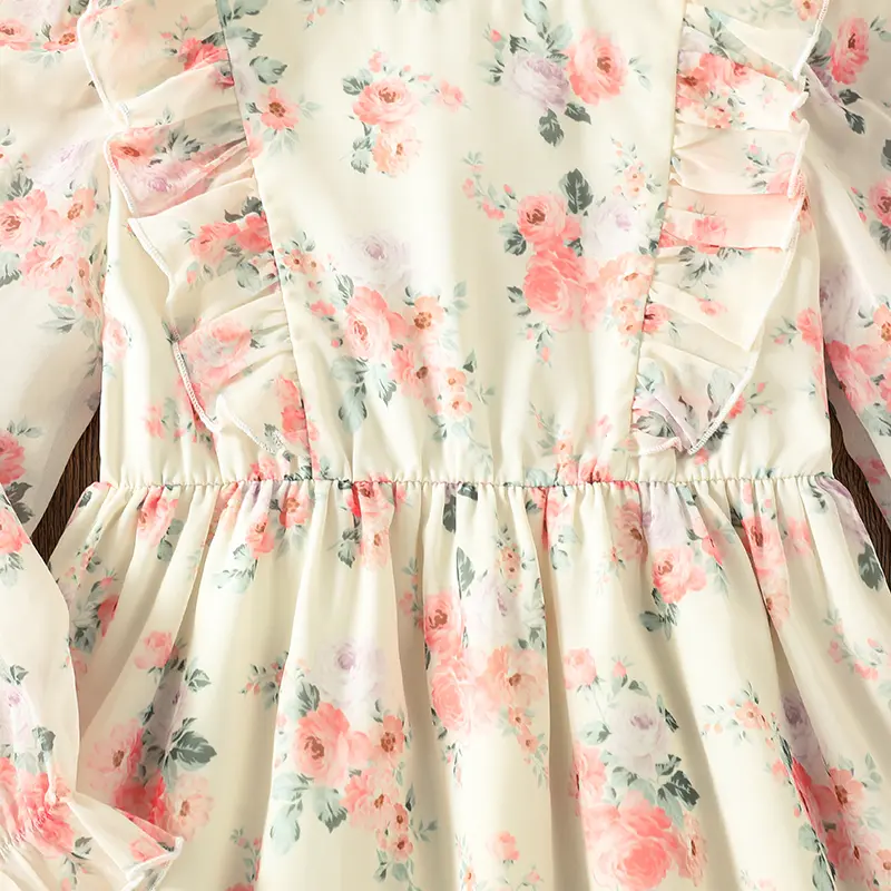 Autumn New Girls Dress Beige Print 0-Neck Long Sleeve A-Line Dress Pleated For Girls Sweet Style 8-12 Years Kids Daily Clothing