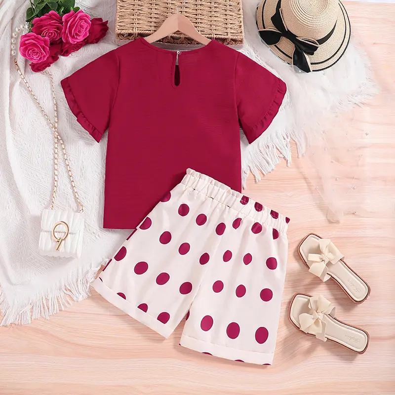 Kids Clothes Sets For Girls 8-12 Years Red Petal Sleeve Top And Red Polka Dot Elastic Shorts Summer Sweet Style Beach Suits