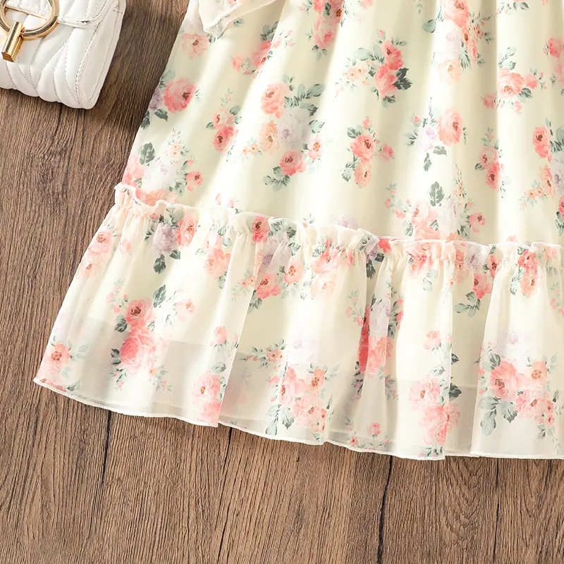 Autumn New Girls Dress Beige Print 0-Neck Long Sleeve A-Line Dress Pleated For Girls Sweet Style 8-12 Years Kids Daily Clothing