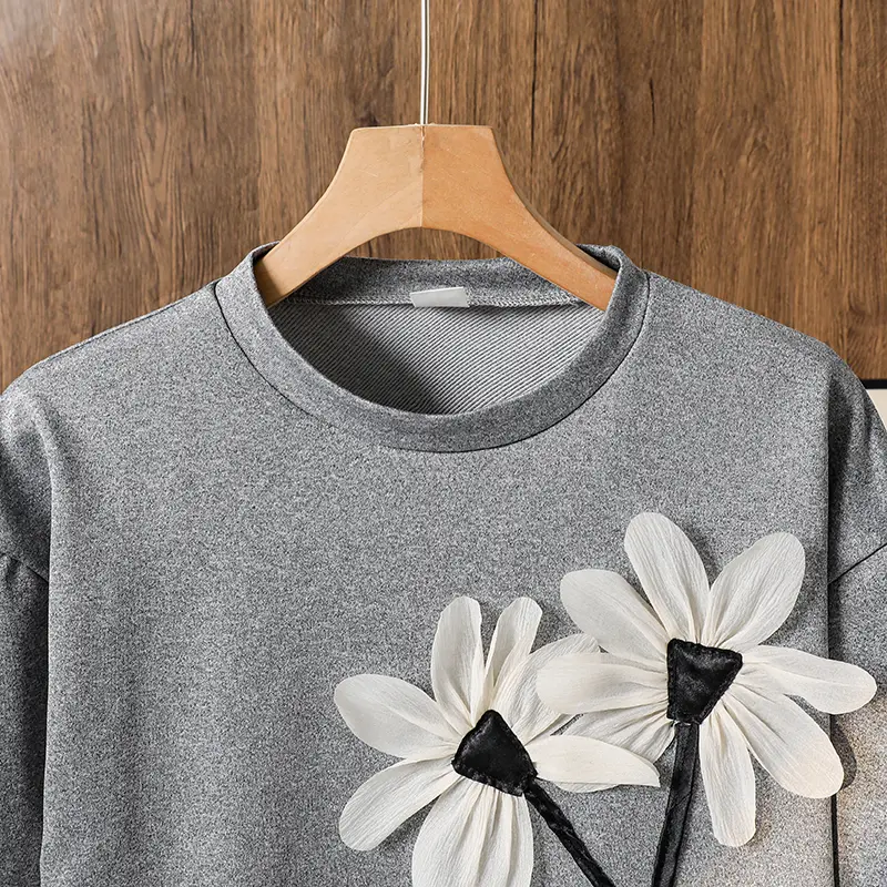 Kids Clothing 2PCS Autumn New Suit Gray Floral Print O-Neck Long Sleeve Top & Solid Color Black Pleated Skirt For Girls Daily