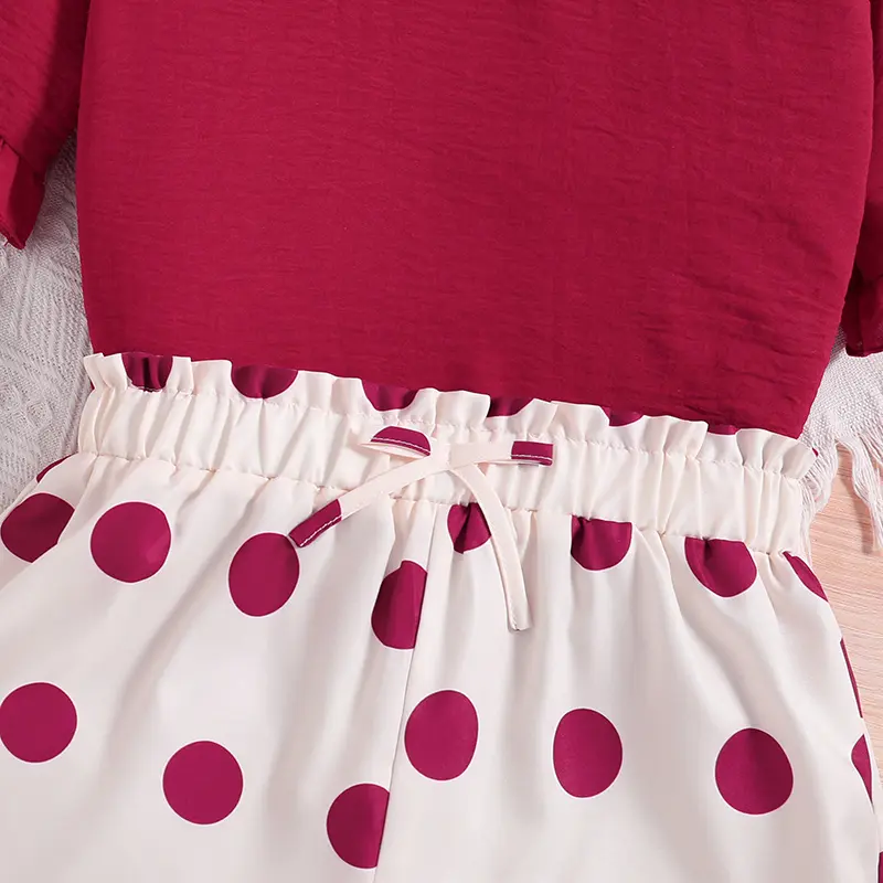 Kids Clothes Sets For Girls 8-12 Years Red Petal Sleeve Top And Red Polka Dot Elastic Shorts Summer Sweet Style Beach Suits
