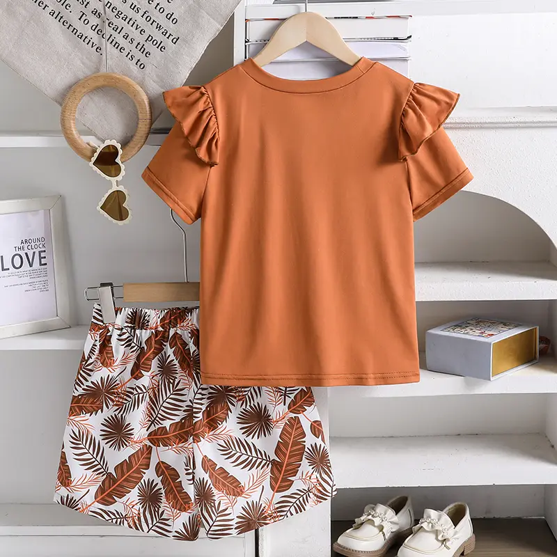 Children Outfit Brown Short Sleeve T-shirt & Printed Shorts 2PCS Kids Clothing Sets Daily Suits For Girls Children Costume