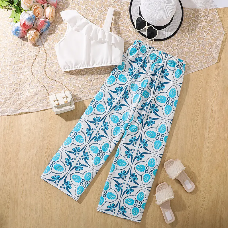 Kids Outfit One-Shoulder Crop-Top & Printed Straight Pants 8-12 Years Girls Vacation Sets Kids Casual Clothing Sets
