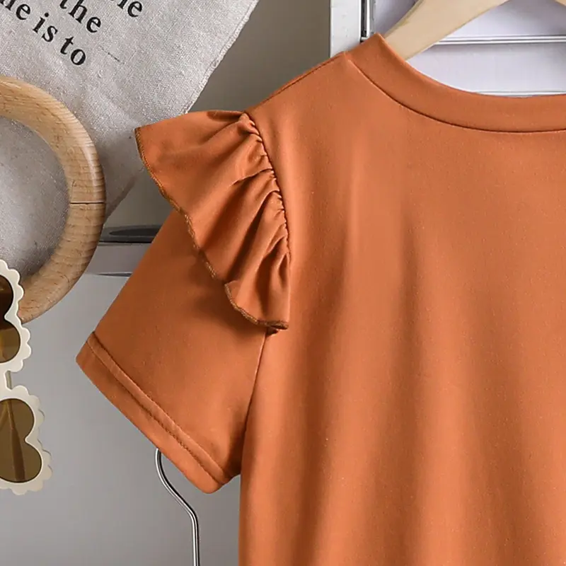 Children Outfit Brown Short Sleeve T-shirt & Printed Shorts 2PCS Kids Clothing Sets Daily Suits For Girls Children Costume