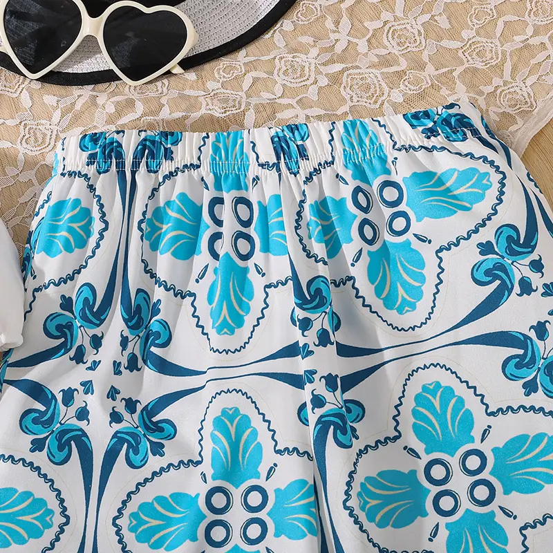 Kids Outfit One-Shoulder Crop-Top & Printed Straight Pants 8-12 Years Girls Vacation Sets Kids Casual Clothing Sets