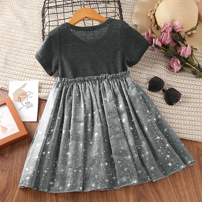 Gray Short-Sleeved Dress Stylish Girls Vacation Holiday Clothes Kids Clothes Dress Girls Summer Clothes Casual Style Clothes