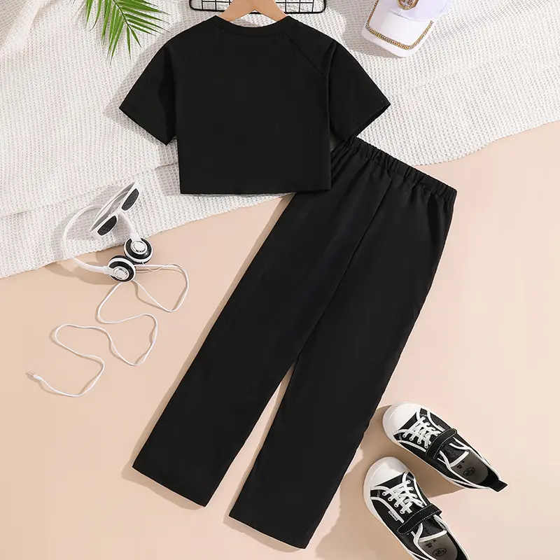 Sporty Outfit Black Letters Printed T-shirt & Straight Pants Trendy Tween Girls Suits Fashionable Black Sets Summer Sets
