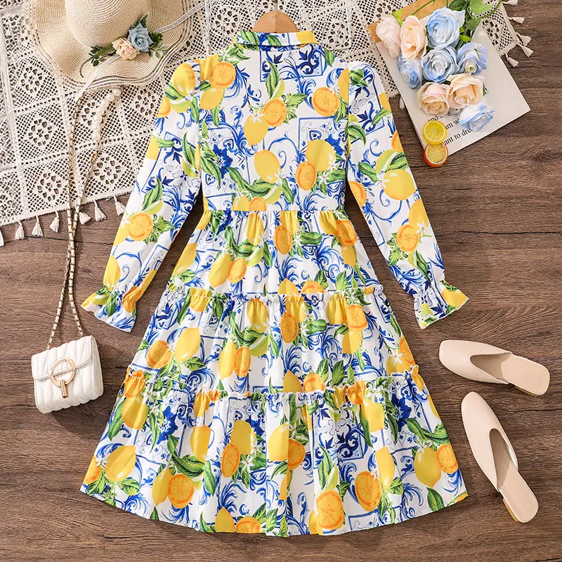 Big Kids Fresh and Cute Fruit Print Dress Shirt Collar Lace Long Sleeve Cake Dress Spring/Summer Chic Casual Princess Party