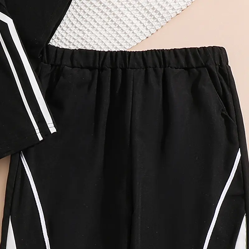 Sporty Outfit Black Letters Printed T-shirt & Straight Pants Trendy Tween Girls Suits Fashionable Black Sets Summer Sets
