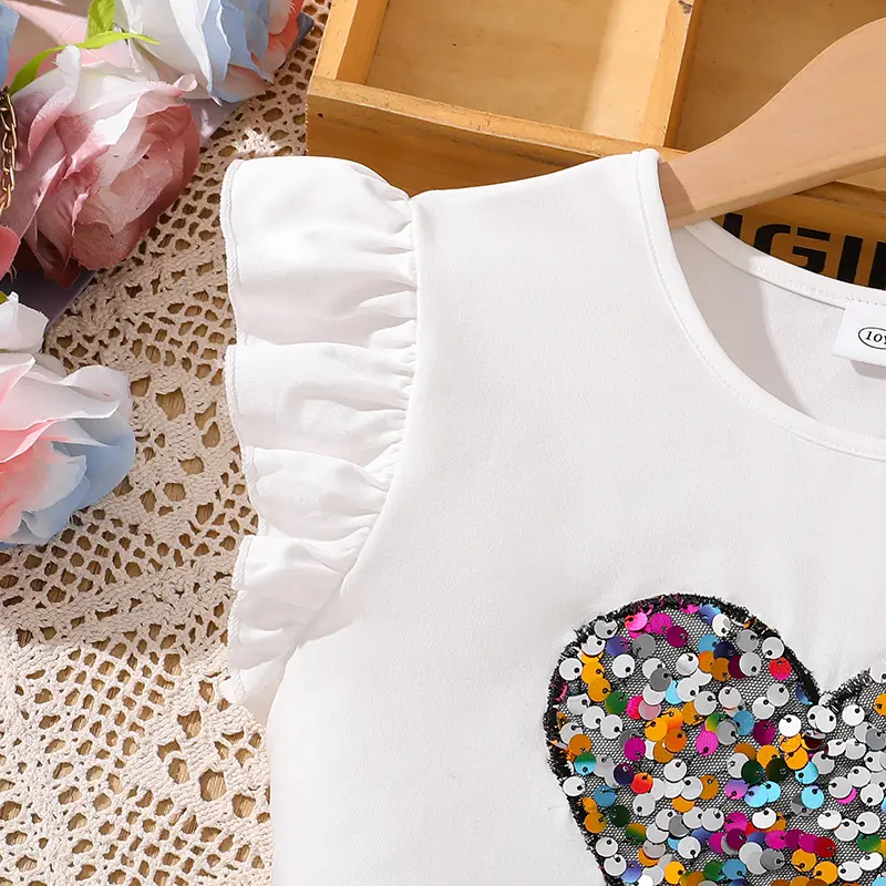 Children Outfit Paillette Heart Pattern T-shirt & A-Line Skirt Fashion Girls Sets Summer Kids Outfit Stylish Children Costume