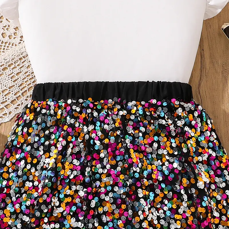Children Outfit Paillette Heart Pattern T-shirt & A-Line Skirt Fashion Girls Sets Summer Kids Outfit Stylish Children Costume
