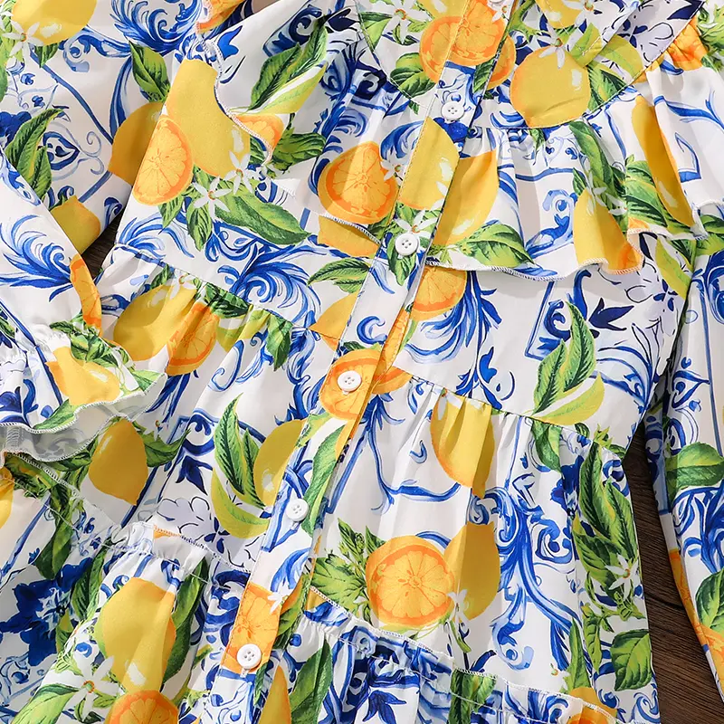 Big Kids Fresh and Cute Fruit Print Dress Shirt Collar Lace Long Sleeve Cake Dress Spring/Summer Chic Casual Princess Party