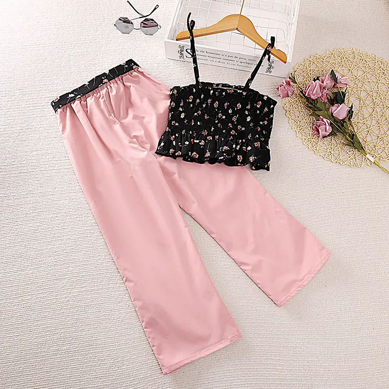 New Summer Kids Clothes Sets For Girls Black Suspender Top&Pink Pants In A Fashionable And Westernized Style