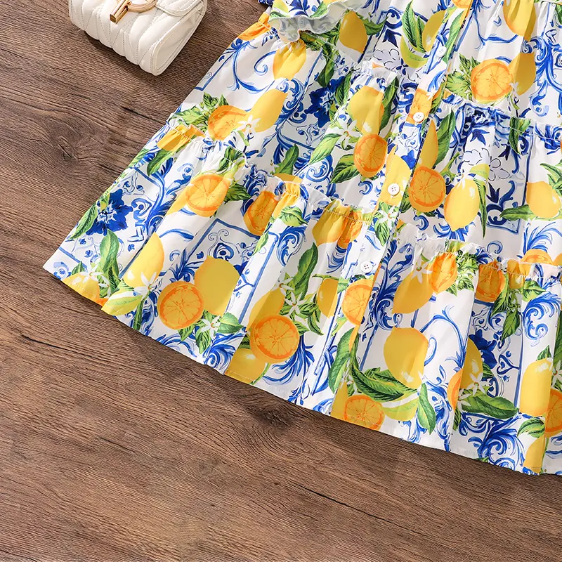 Big Kids Fresh and Cute Fruit Print Dress Shirt Collar Lace Long Sleeve Cake Dress Spring/Summer Chic Casual Princess Party