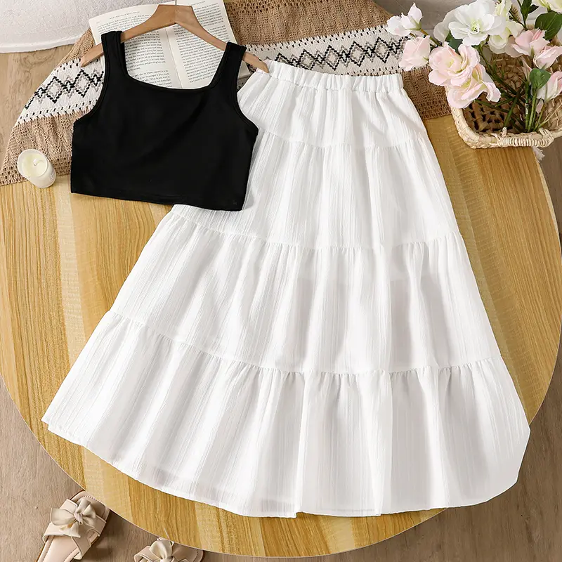 Summer Hot Sale Kids Clothing For Girls Black Sleeveless Floral Printed White Elastic Waist A-Line Skirt 8-12 Years Korean Style