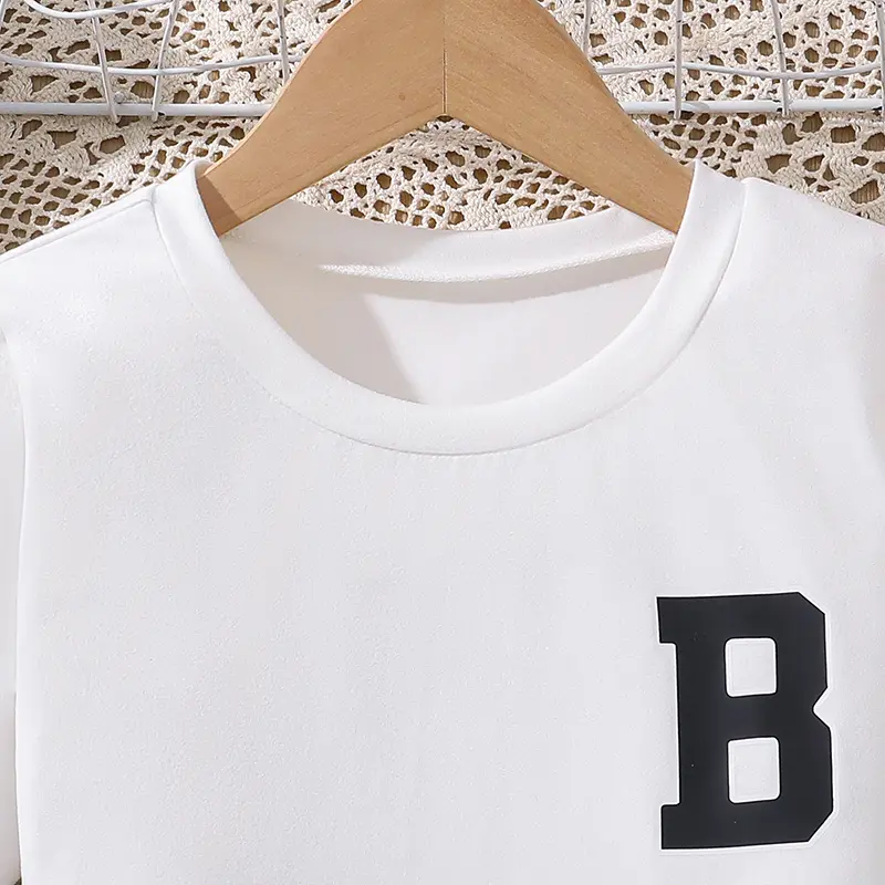 Kids Casual Suits Letters Applique T-shirt & Army Green Elastic-Waist Pleated Skirt Trendy Girls Summer Sets Korean Style