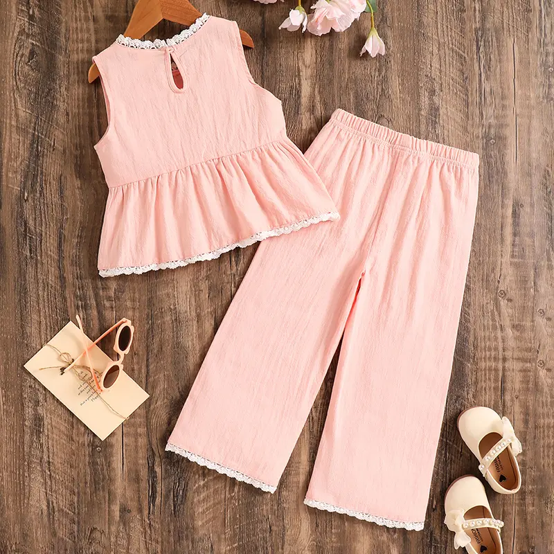 Korean Style Children Clothing Sets Sleeveless Pink Ruffled Hem Tank Top & Pants Adorable Girls Sets Summer Outfit For Baby Girl