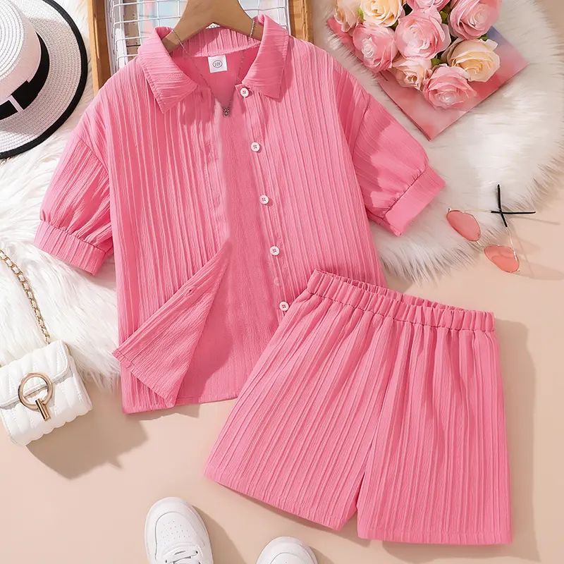 Kids Clothing Sets For Girls Pink Turn Down Collar Striped T-shirt & Shorts Children Outfit Summer Clothes Cozy & Casual