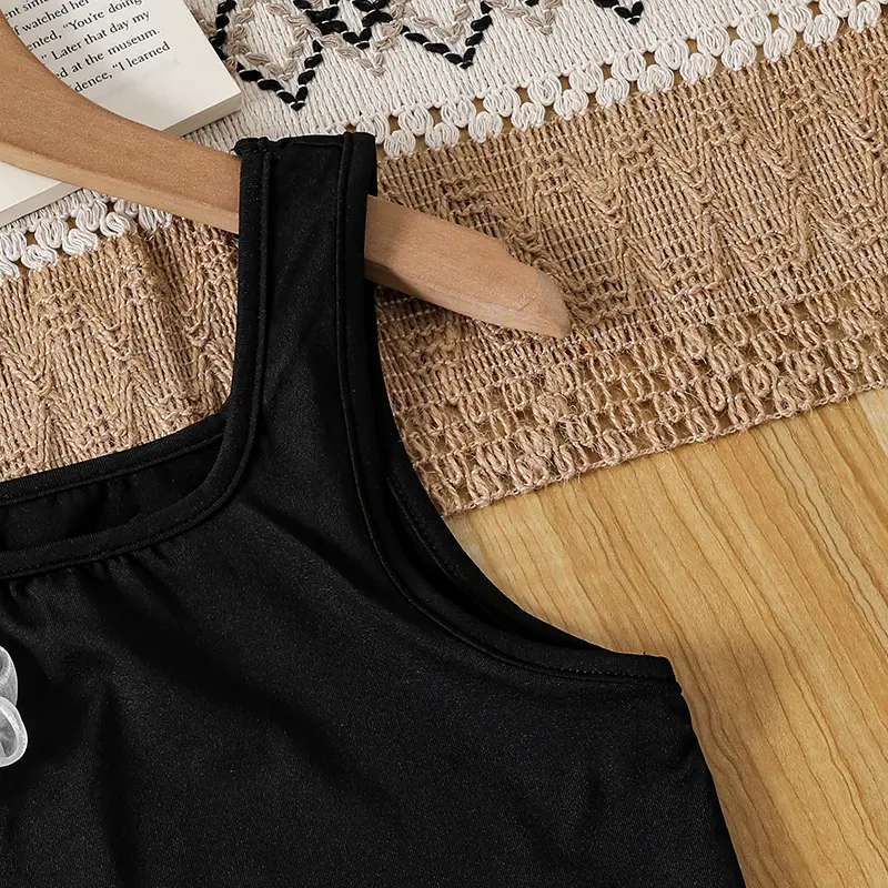 Summer Hot Sale Kids Clothing For Girls Black Sleeveless Floral Printed White Elastic Waist A-Line Skirt 8-12 Years Korean Style