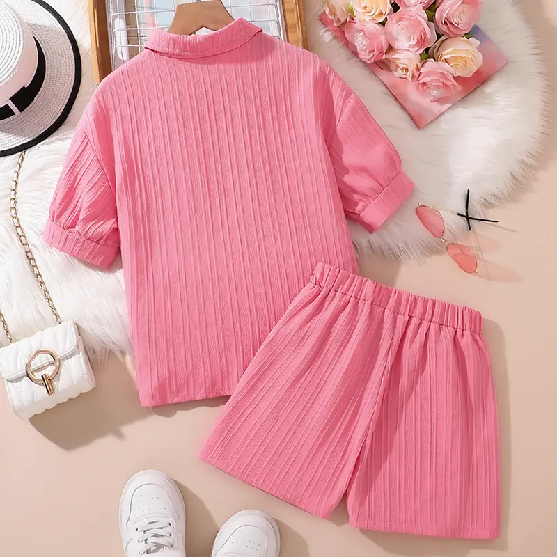 Kids Clothing Sets For Girls Pink Turn Down Collar Striped T-shirt & Shorts Children Outfit Summer Clothes Cozy & Casual