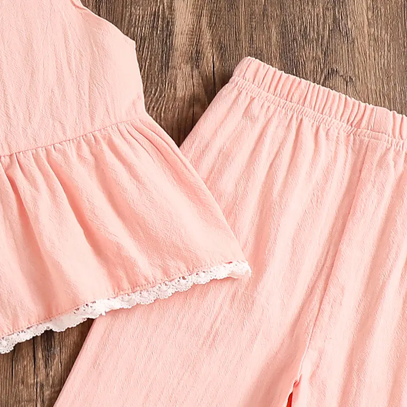 Korean Style Children Clothing Sets Sleeveless Pink Ruffled Hem Tank Top & Pants Adorable Girls Sets Summer Outfit For Baby Girl