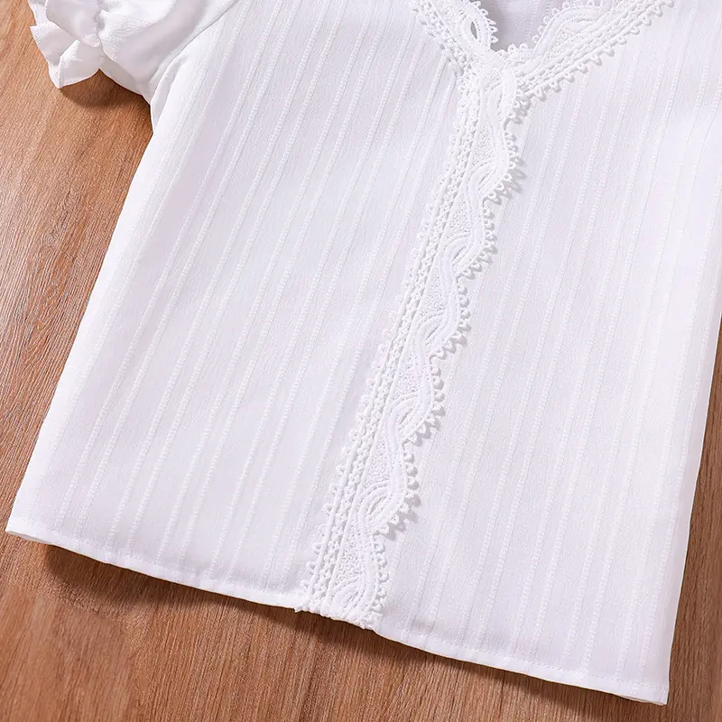Summer New 2024 Cute Girls White Lace Short Puff Sleeved Top & Pink Shorts Casual Vocation Children's Top And Bottom Clothes Set