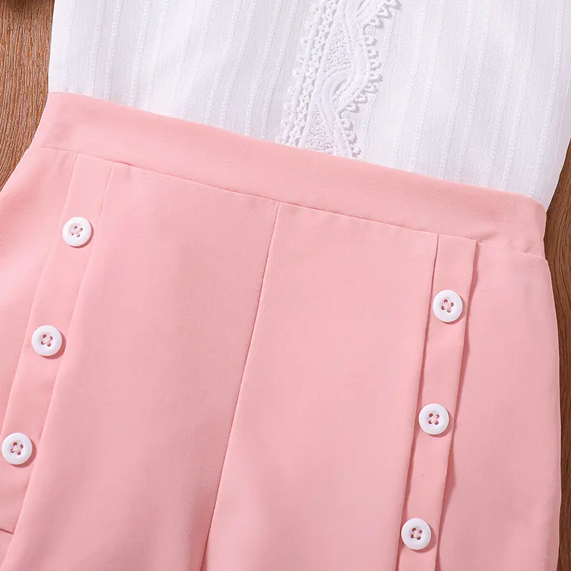 Summer New 2024 Cute Girls White Lace Short Puff Sleeved Top & Pink Shorts Casual Vocation Children's Top And Bottom Clothes Set