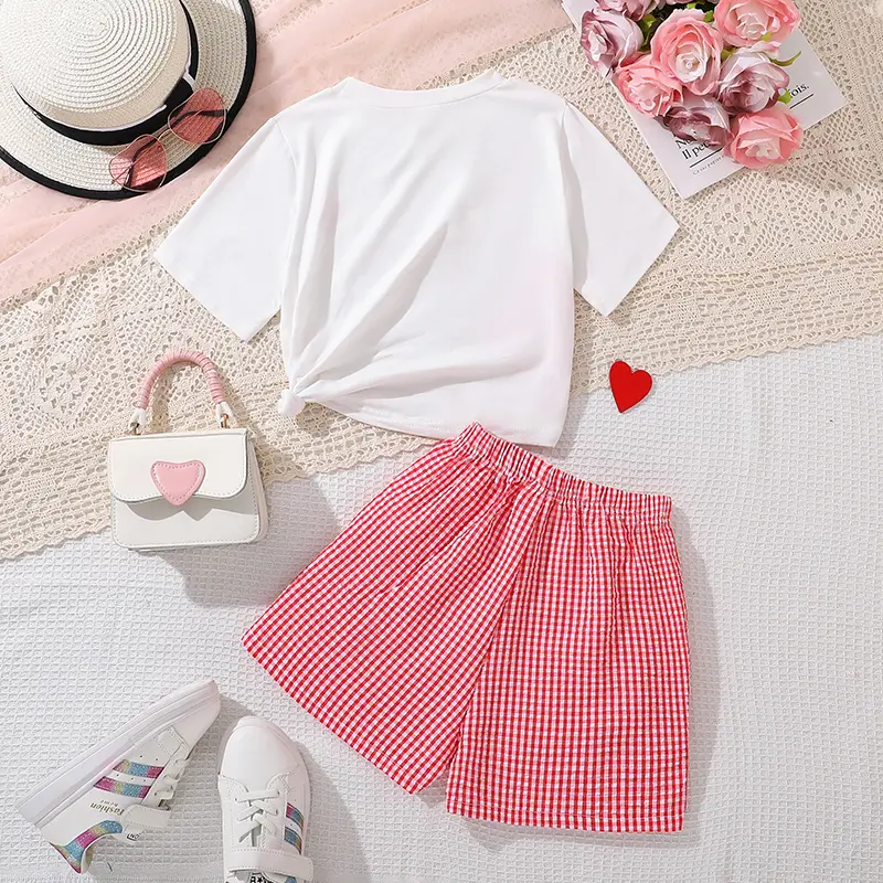 Girls Clothing Sets White Heart Pattern T-shirt & Gingham Shorts 2 PCS Children Daily Casual Sets Children Cozy Summer Clothes
