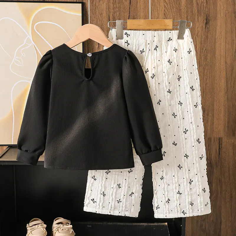 Autumn Kids Outfit Solid Color Black O-Neck Bow Long Sleeve Top & White Striped Pants For Girls 4-7 Years Korean Style Daily Set