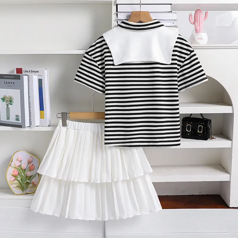 Children Clothing Sets Striped Navy Collar T-shirt & White Tiered Skirt Young Girls Outfit Daily Costume School Outgoing