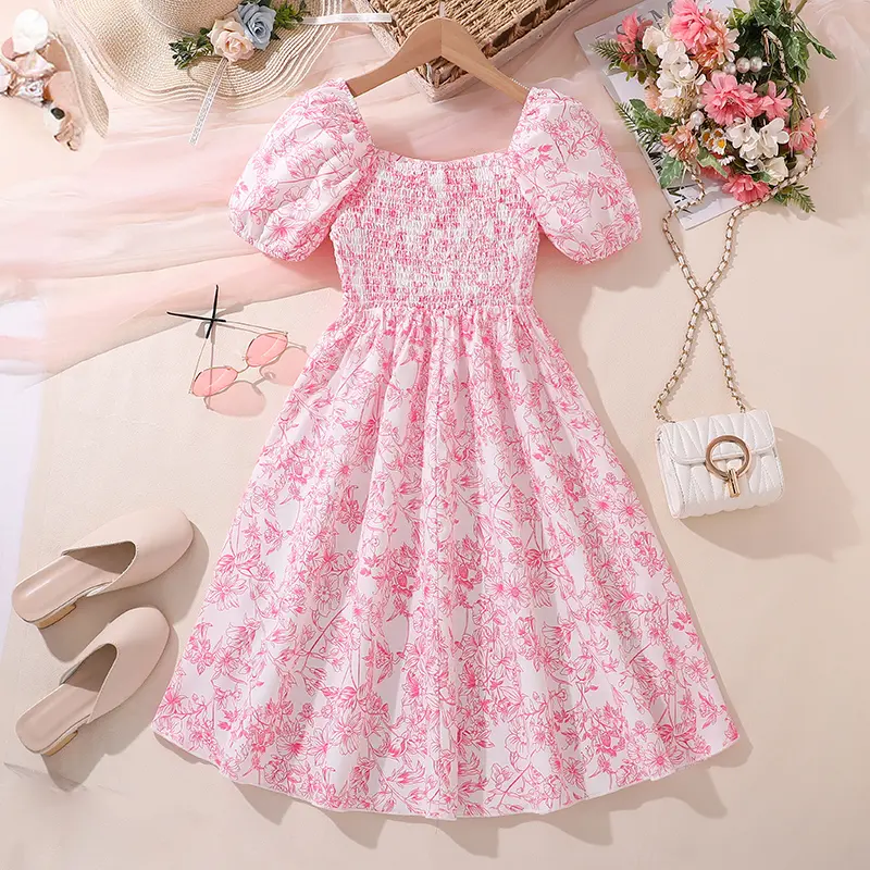Pink Flowers Printed Square Collar Short Puff Sleeve Shirred-bodice Chiffon Dress Sweet Style Girls Dress Date Party Cloth