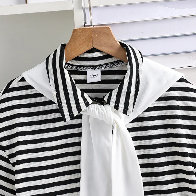 Children Clothing Sets Striped Navy Collar T-shirt & White Tiered Skirt Young Girls Outfit Daily Costume School Outgoing