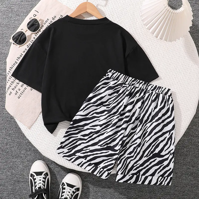 Girls Clothing Outfit Black Cartoon Printed T-shirt & Striped Shorts Two Pieces Sets Summer Clothes Children Costume OOTD