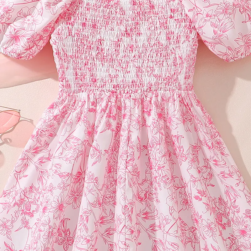 Pink Flowers Printed Square Collar Short Puff Sleeve Shirred-bodice Chiffon Dress Sweet Style Girls Dress Date Party Cloth